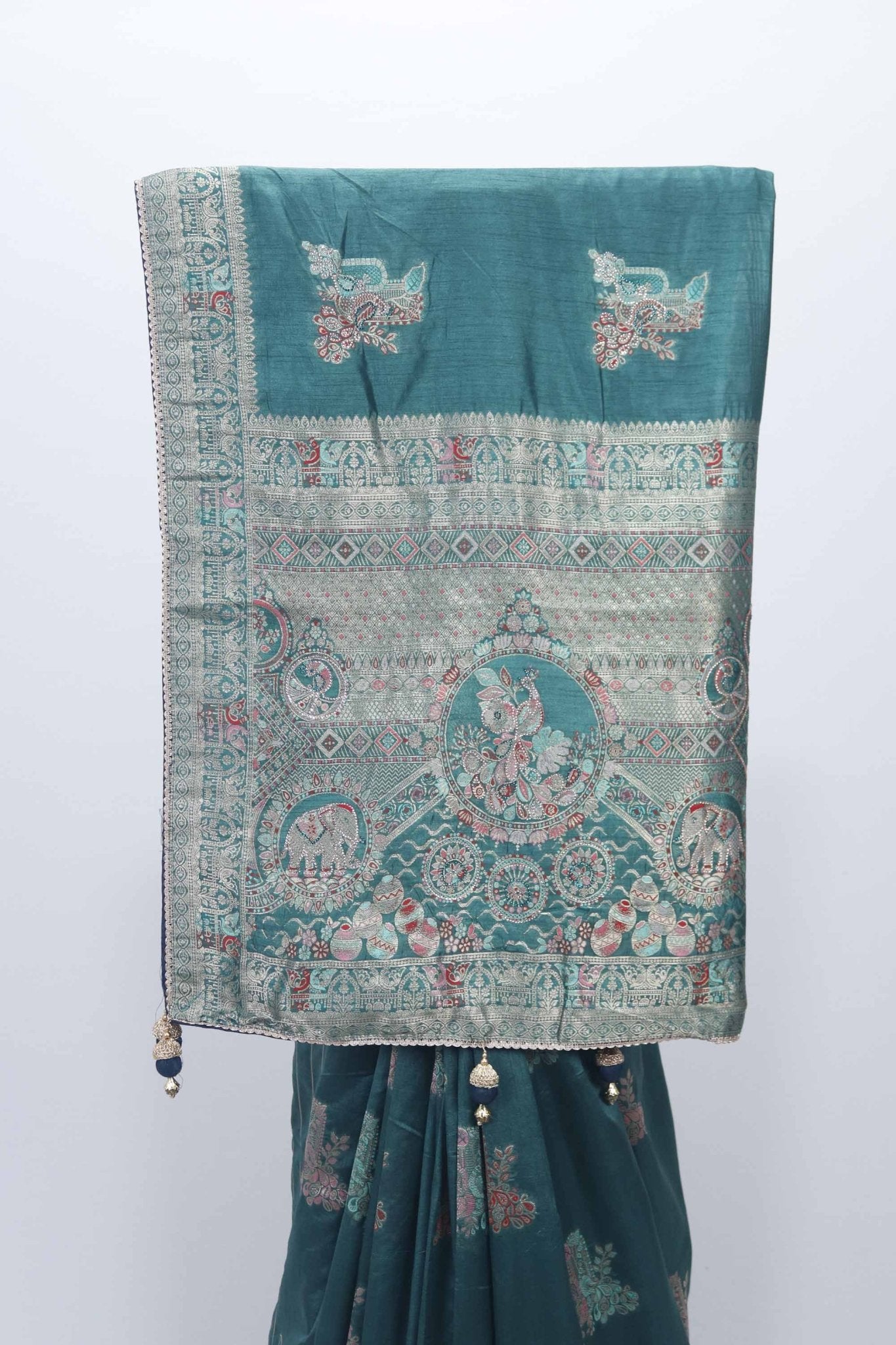 Teal Green Bangalori Silk Saree with Zari Woven Pallu and Elephant - Peacock Motifs - Mangaldeep NX