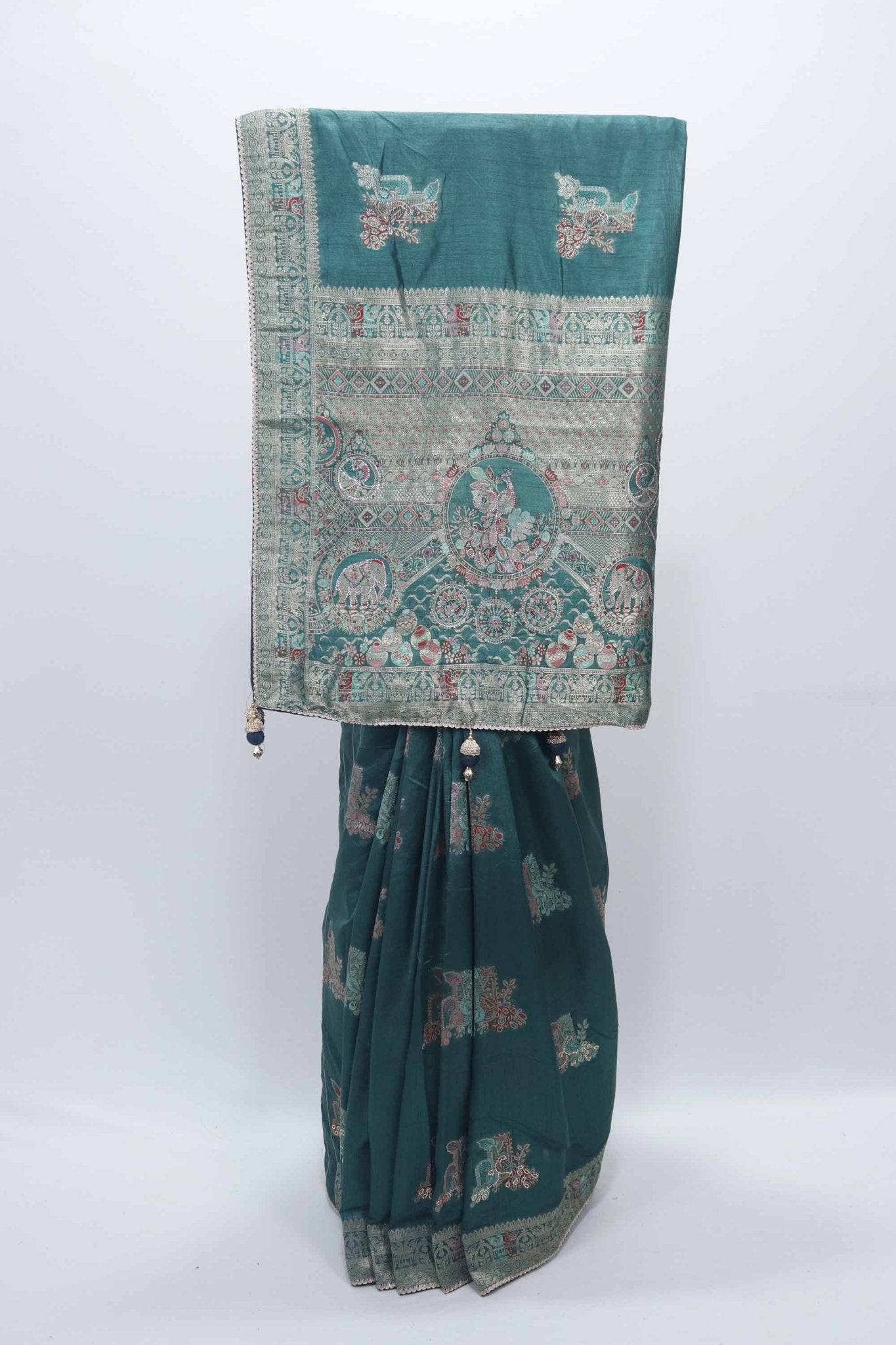 Teal Green Bangalori Silk Saree with Zari Woven Pallu and Elephant - Peacock Motifs - Mangaldeep NX