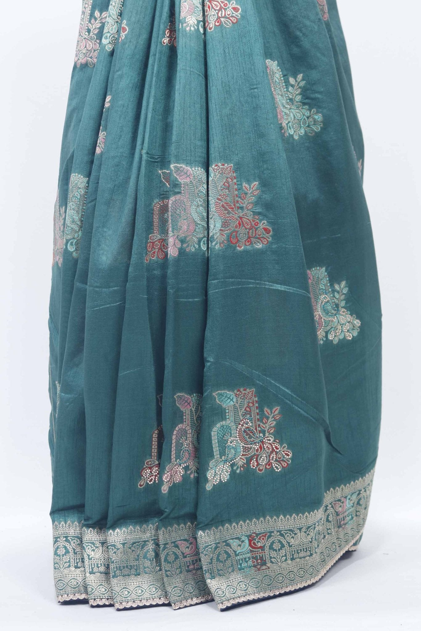 Teal Green Bangalori Silk Saree with Zari Woven Pallu and Elephant - Peacock Motifs - Mangaldeep NX