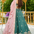 Teal Green Chiffon Embroidered Lehenga Choli with Floral Sequin Work and Pink Dupatta - Mangaldeep NX