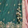 Teal Green Chiffon Embroidered Lehenga Choli with Floral Sequin Work and Pink Dupatta - Mangaldeep NX
