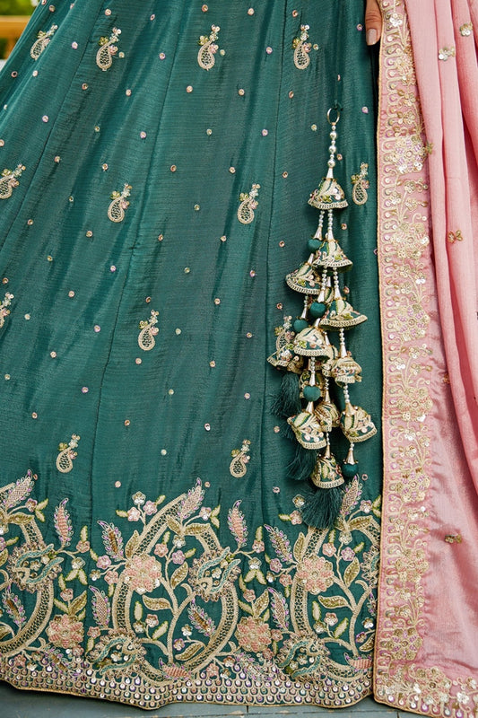 Teal Green Chiffon Embroidered Lehenga Choli with Floral Sequin Work and Pink Dupatta - Mangaldeep NX