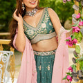 Teal Green Chiffon Embroidered Lehenga Choli with Floral Sequin Work and Pink Dupatta - Mangaldeep NX