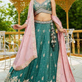 Teal Green Chiffon Embroidered Lehenga Choli with Floral Sequin Work and Pink Dupatta - Mangaldeep NX