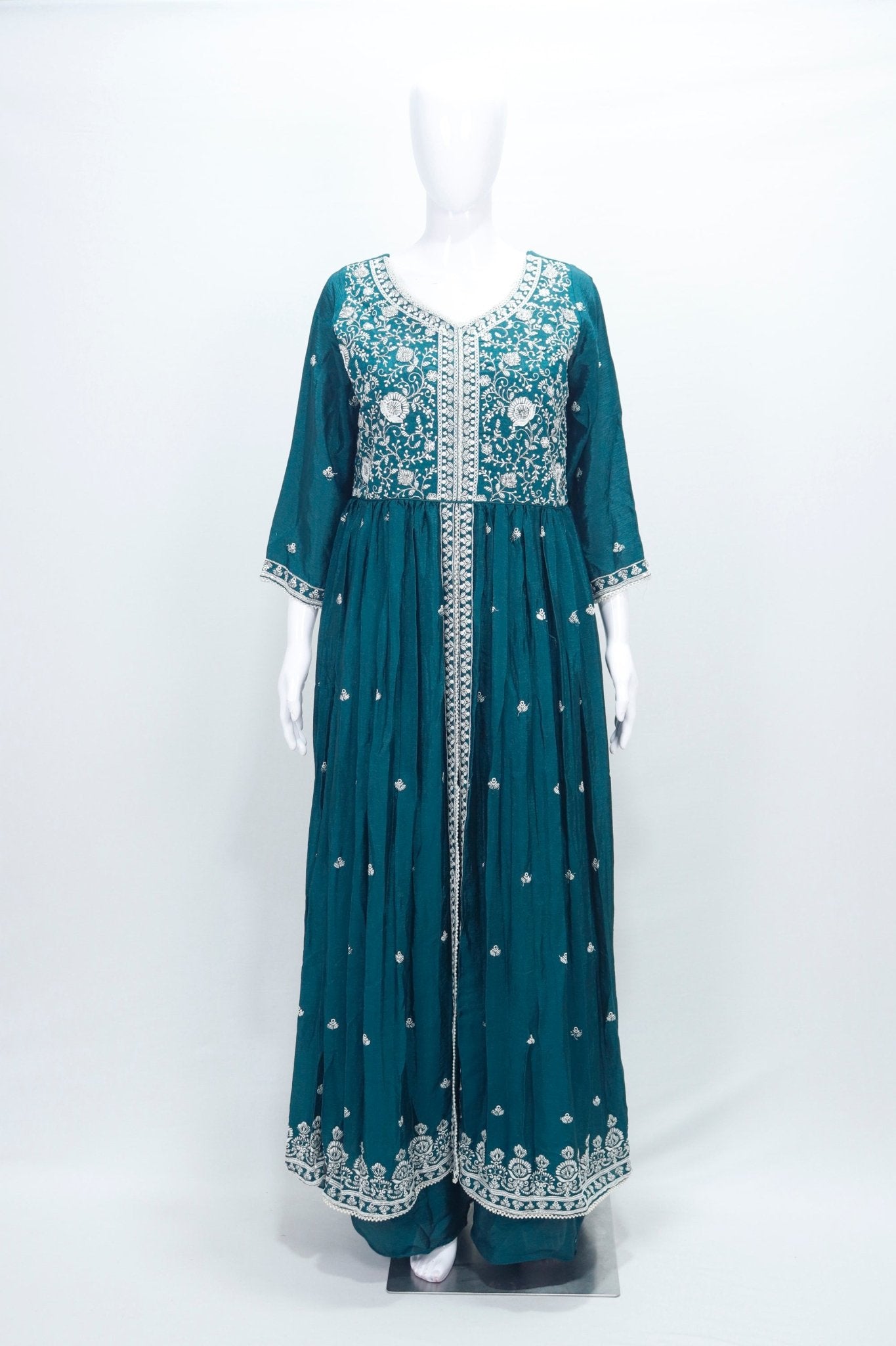 Teal Green Chinon Embroidered Readymade Anarkali Suit with Dupatta - Mangaldeep NX
