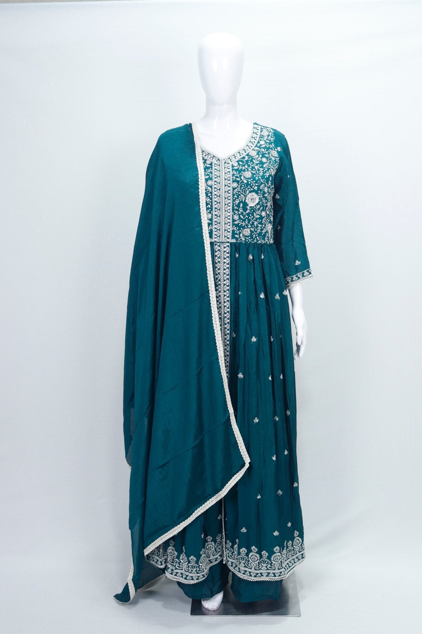 Teal Green Chinon Embroidered Readymade Anarkali Suit with Dupatta - Mangaldeep NX