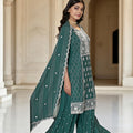 Teal Green Chinon Embroidered Readymade Palazzo Suit with Dupatta - Mangaldeep NX