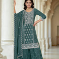 Teal Green Chinon Embroidered Readymade Palazzo Suit with Dupatta - Mangaldeep NX