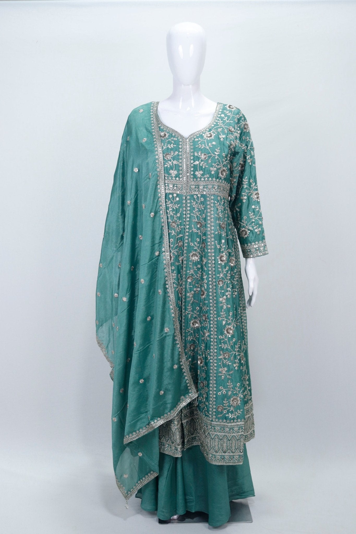 Teal Green Embroidered Anarkali Suit Party Wear Set with Dupatta - Mangaldeep NX