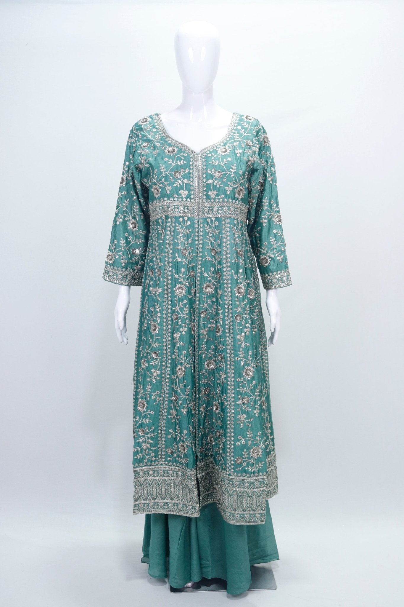 Teal Green Embroidered Anarkali Suit Party Wear Set with Dupatta - Mangaldeep NX