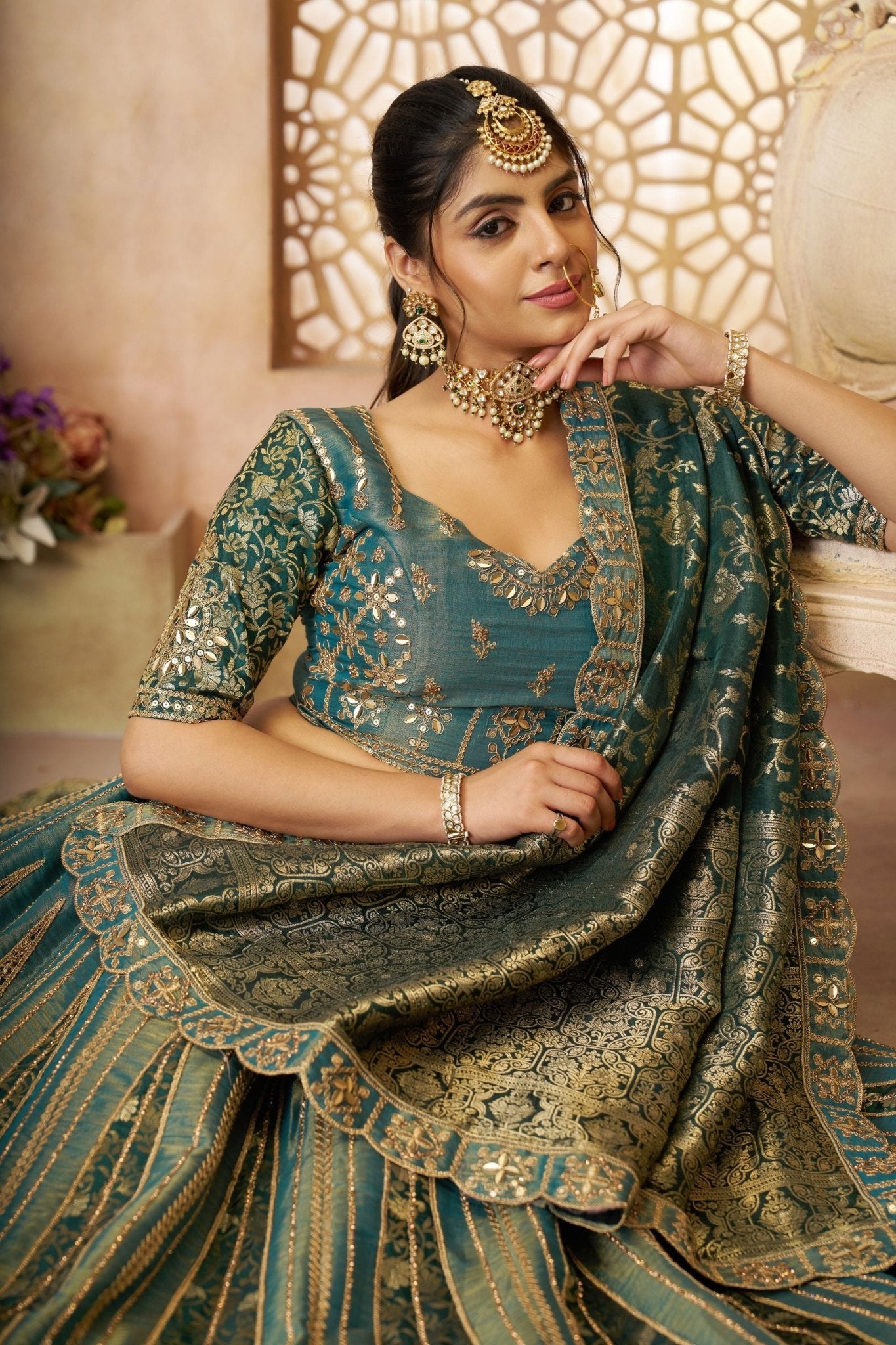 Teal Green Embroidered Lehenga Choli with Dupatta - Mangaldeep NX