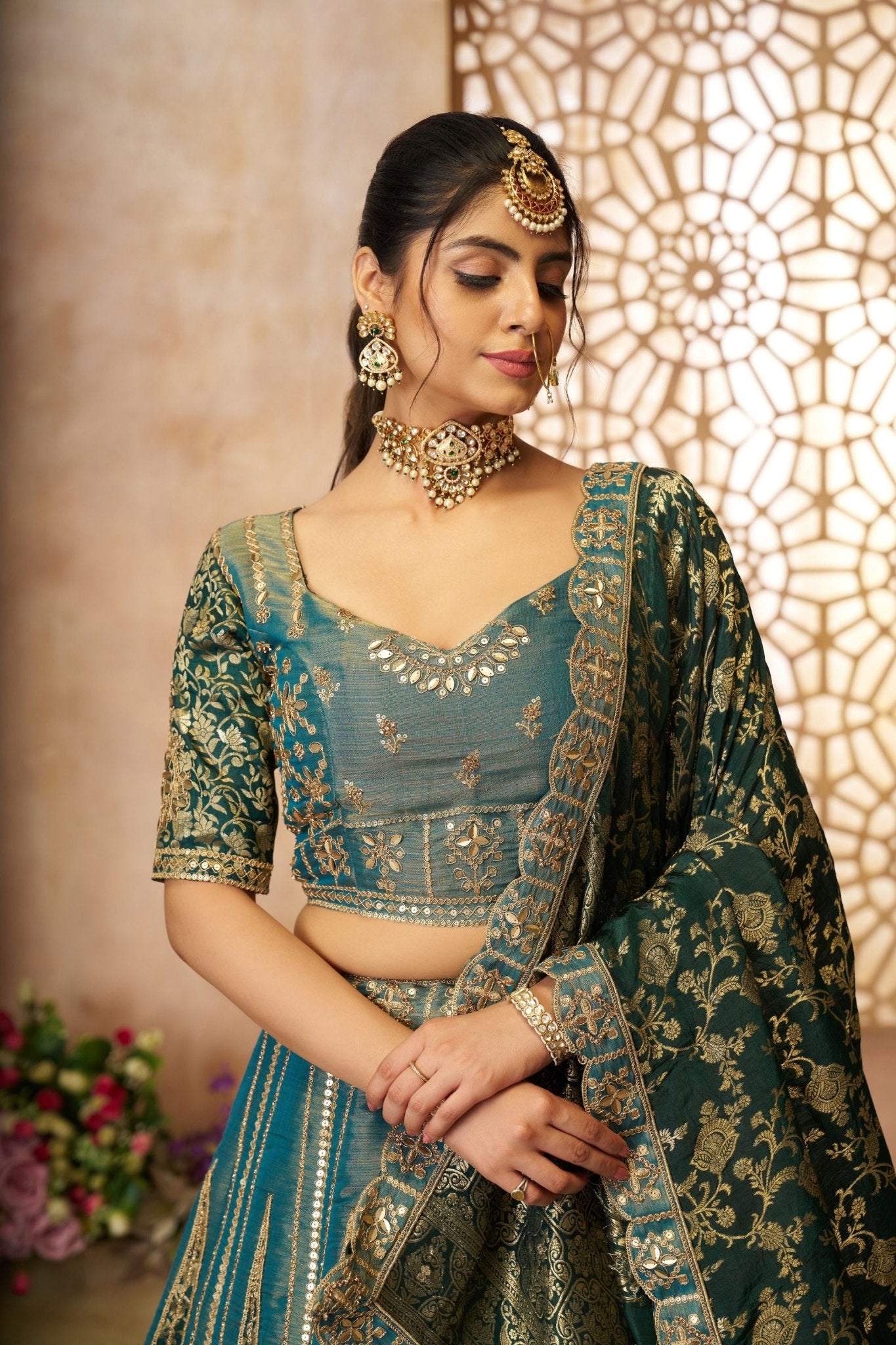 Teal Green Embroidered Lehenga Choli with Dupatta - Mangaldeep NX