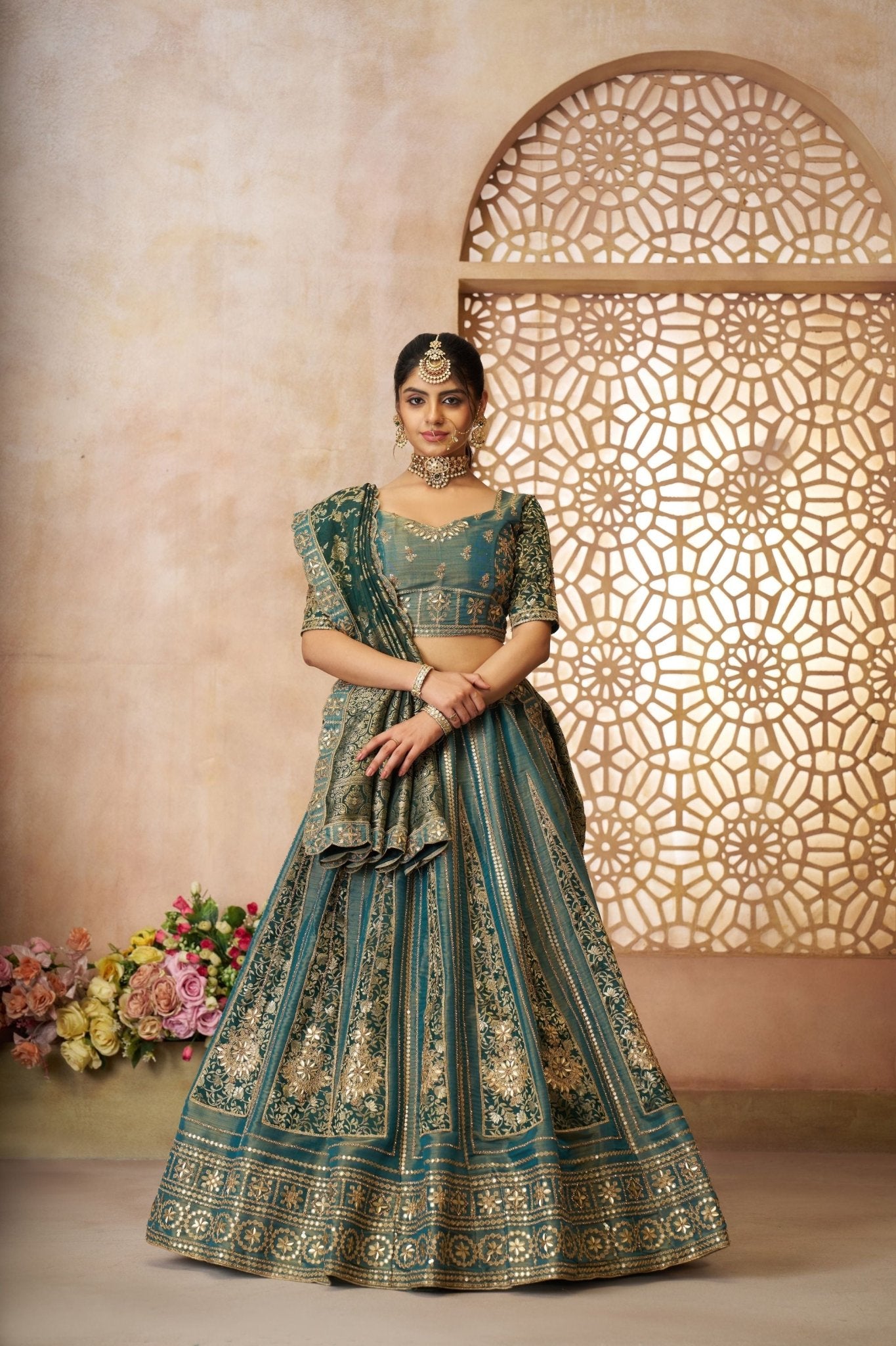 Teal Green Embroidered Lehenga Choli with Dupatta - Mangaldeep NX