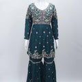 Teal Green Embroidered Sharara Set with Floral Thread Work and Matching Dupatta - Mangaldeep NX