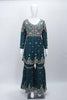 Teal Green Embroidered Sharara Set with Floral Thread Work and Matching Dupatta - Mangaldeep NX