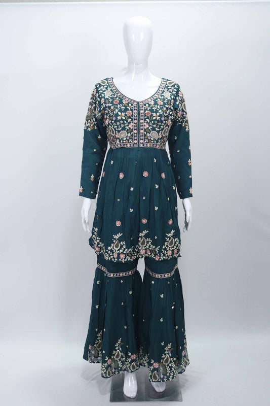 Teal Green Embroidered Sharara Set with Floral Thread Work and Matching Dupatta - Mangaldeep NX