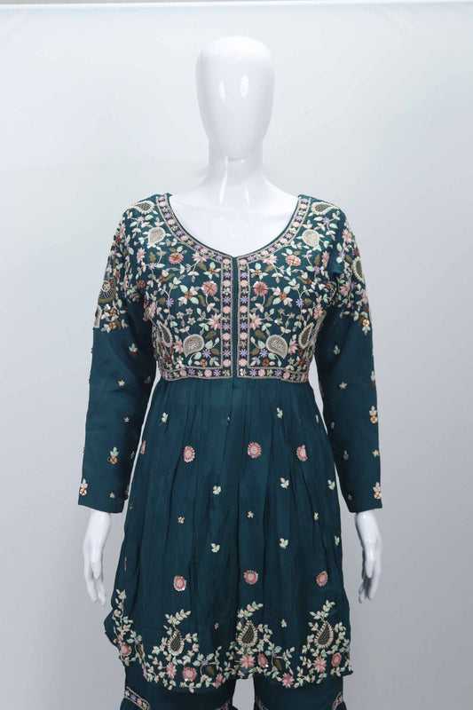 Teal Green Embroidered Sharara Set with Floral Thread Work and Matching Dupatta - Mangaldeep NX