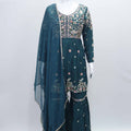 Teal Green Embroidered Sharara Set with Floral Thread Work and Matching Dupatta - Mangaldeep NX