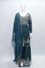 Teal Green Embroidered Sharara Set with Floral Thread Work and Matching Dupatta - Mangaldeep NX