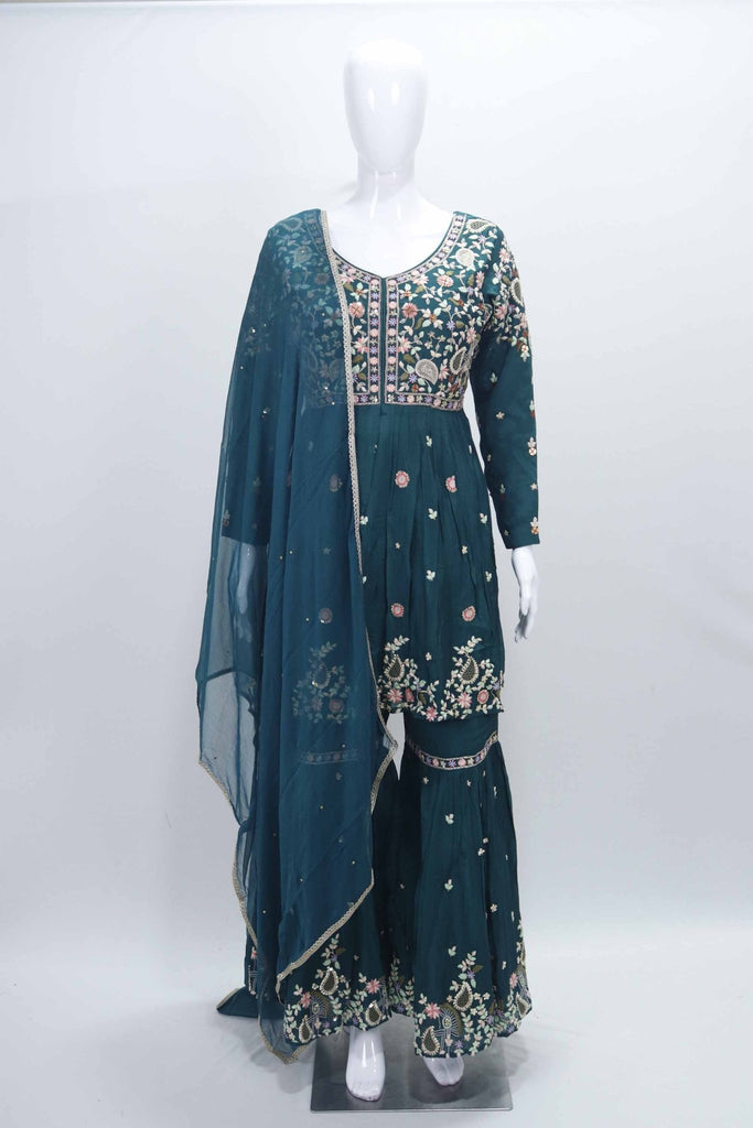 Teal Green Embroidered Sharara Set with Floral Thread Work and Matching Dupatta - Mangaldeep NX