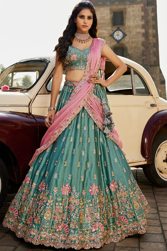 Teal Green Embroidered Silk Lehenga Choli with Floral Motifs and Pink Net Dupatta - Mangaldeep NX