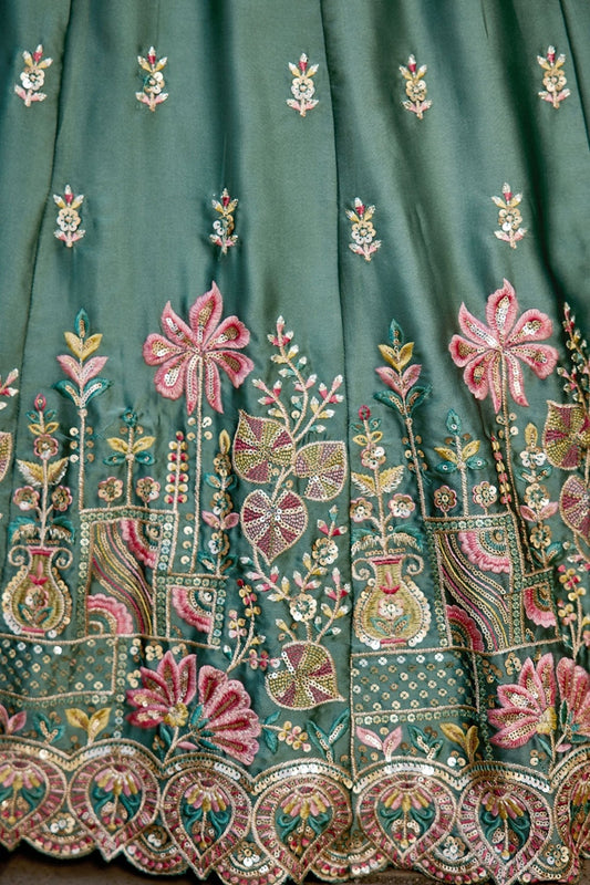 Teal Green Embroidered Silk Lehenga Choli with Floral Motifs and Pink Net Dupatta - Mangaldeep NX