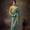 Teal Green Embroidered Silk Saree with Floral Border and Mustard Blouse - Mangaldeep NX
