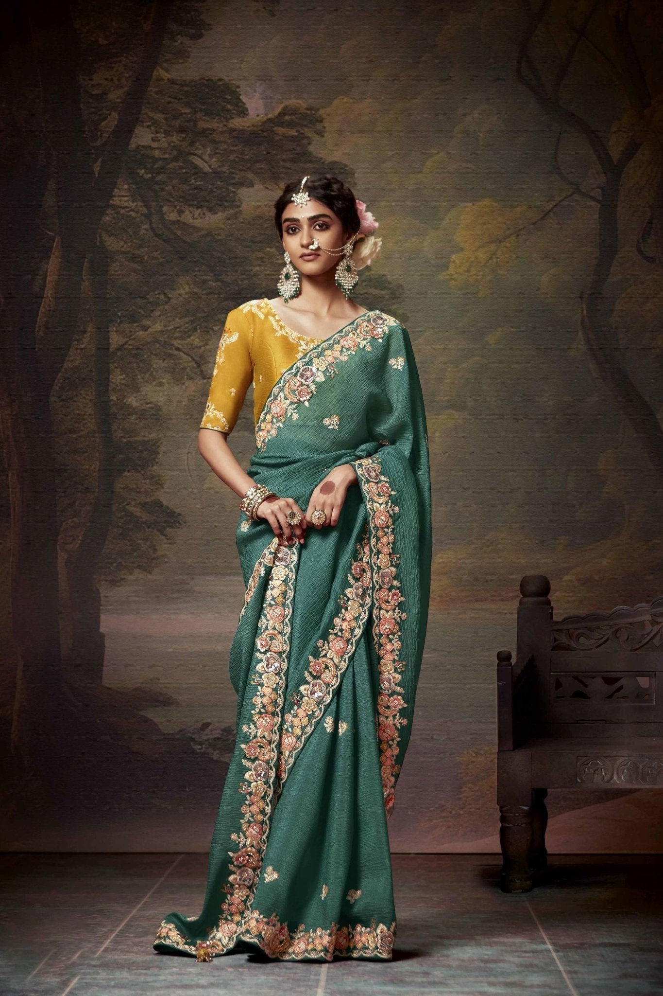 Teal Green Embroidered Silk Saree with Floral Border and Mustard Blouse - Mangaldeep NX