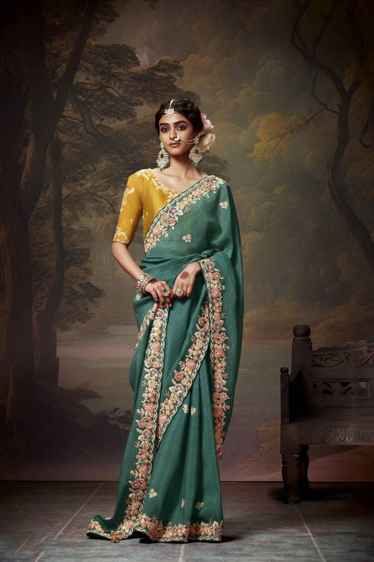 Teal Green Embroidered Silk Saree with Floral Border and Mustard Blouse - Mangaldeep NX