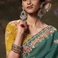 Teal Green Embroidered Silk Saree with Floral Border and Mustard Blouse - Mangaldeep NX