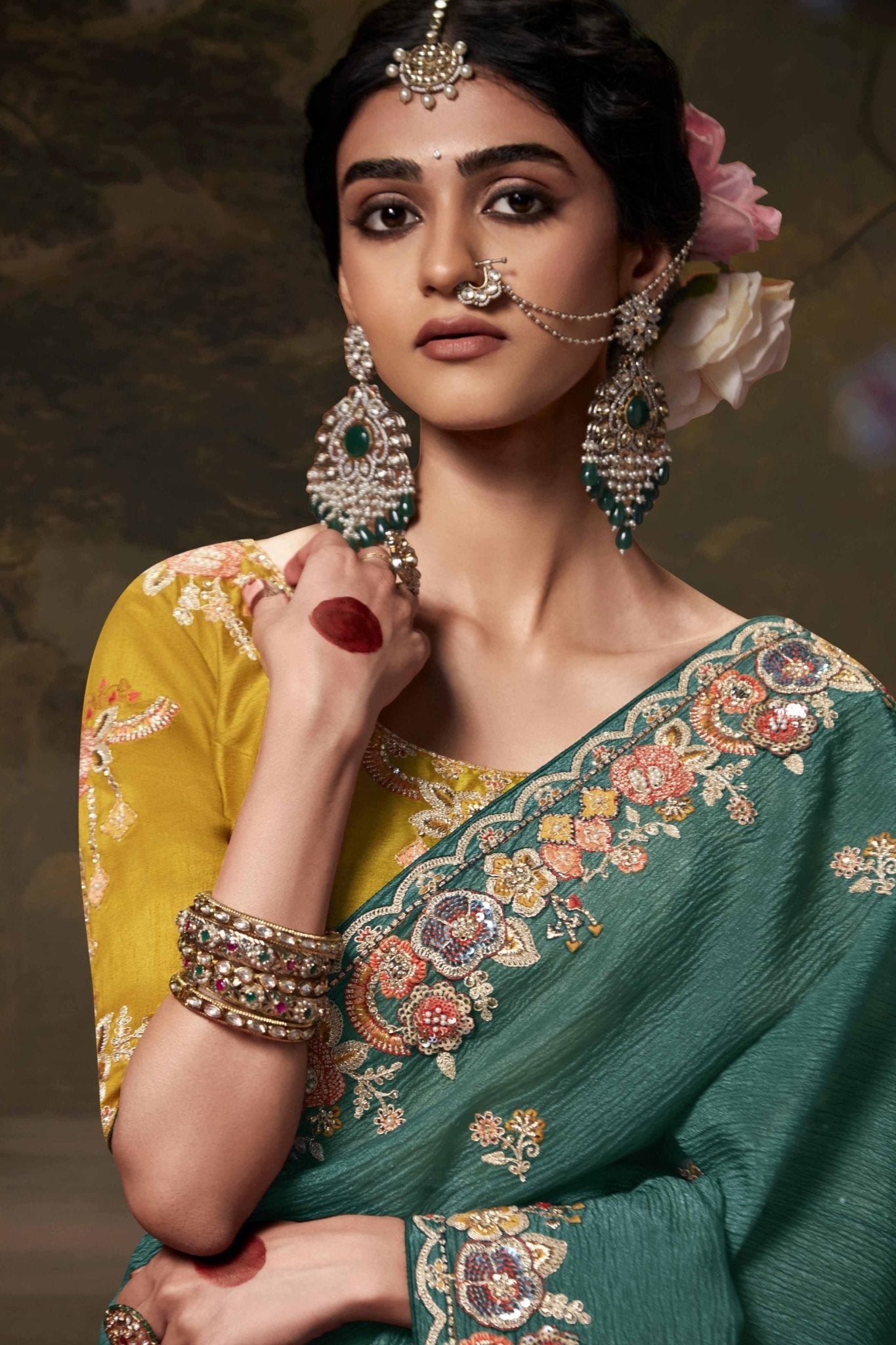Teal Green Embroidered Silk Saree with Floral Border and Mustard Blouse - Mangaldeep NX