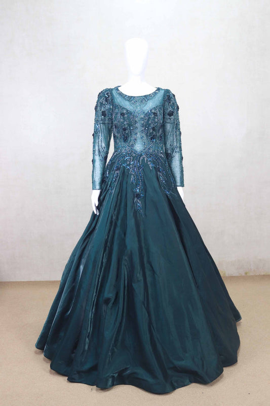 Teal Green Full Sleeve Gown with Heavy Sequin and Bead Embroidery - Mangaldeep NX