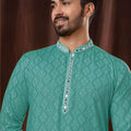 Teal Green Printed Art Silk Kurta for Men with Off - White Pyjama - Mangaldeep NX