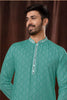 Teal Green Printed Art Silk Kurta for Men with Off - White Pyjama - Mangaldeep NX