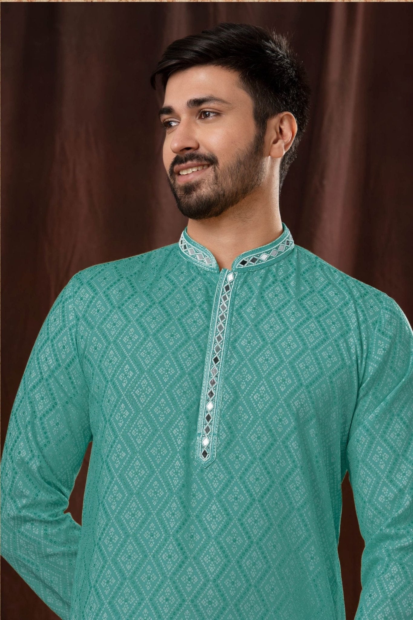 Teal Green Printed Art Silk Kurta for Men with Off - White Pyjama - Mangaldeep NX