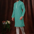 Teal Green Printed Art Silk Kurta for Men with Off - White Pyjama - Mangaldeep NX