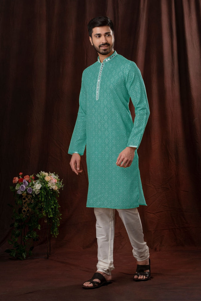 Teal Green Printed Art Silk Kurta for Men with Off - White Pyjama - Mangaldeep NX