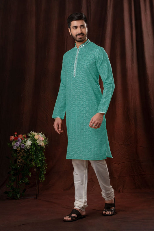 Teal Green Printed Art Silk Kurta for Men with Off - White Pyjama - Mangaldeep NX
