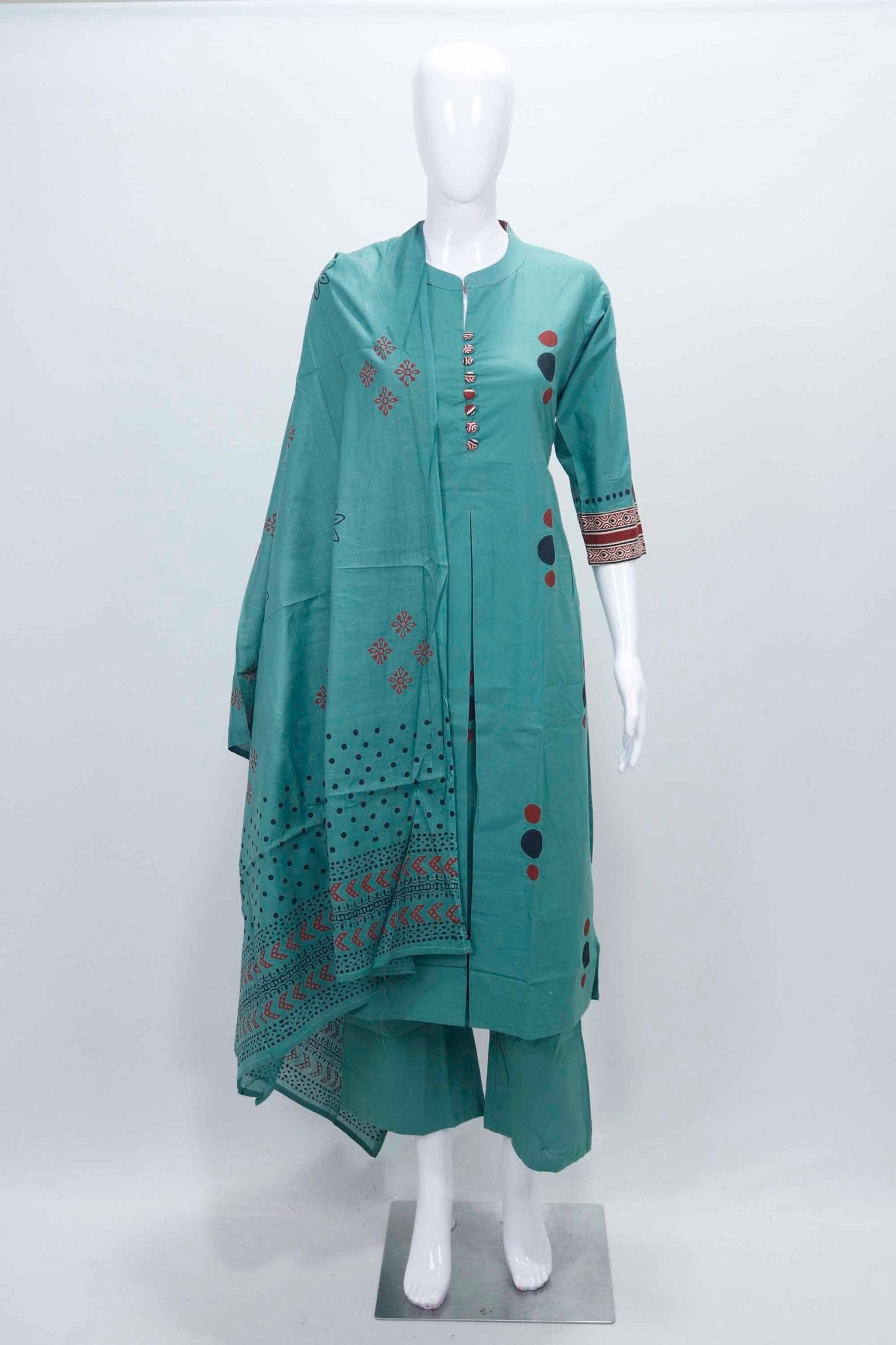 Teal Green Printed Cotton Straight Suit Set with Matching Dupatta - Mangaldeep NX