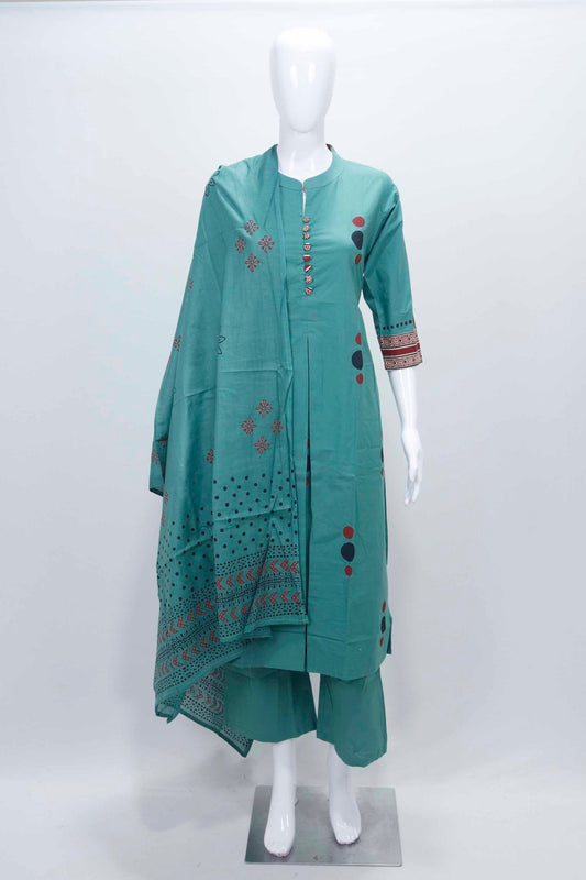 Teal Green Printed Cotton Straight Suit Set with Matching Dupatta - Mangaldeep NX