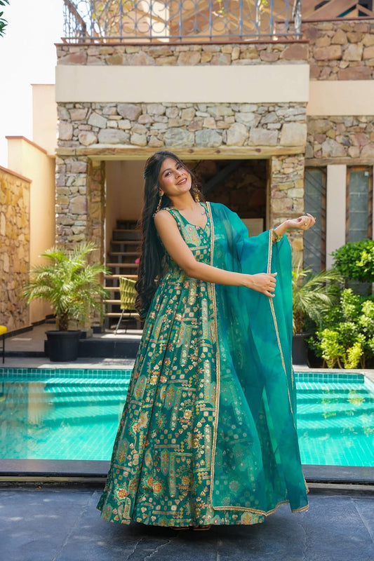 Teal Green Printed Gown with Golden Temple Motifs and Matching Net Dupatta - Mangaldeep NX
