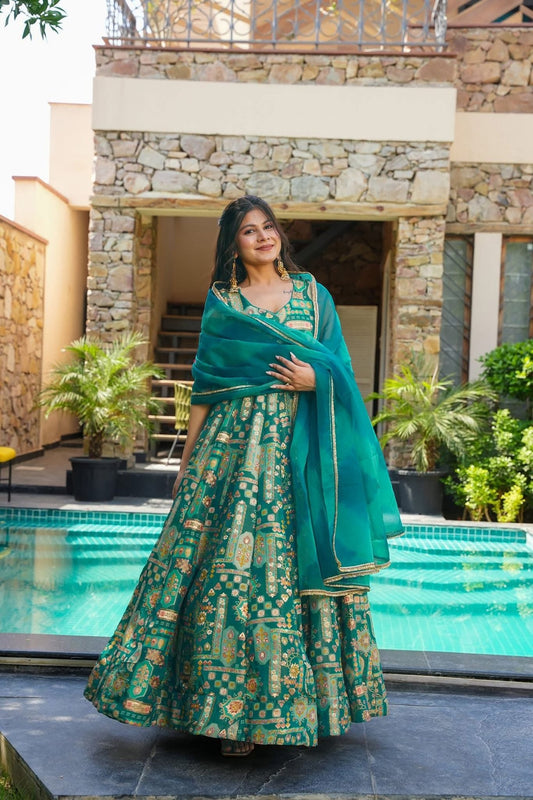 Teal Green Printed Gown with Golden Temple Motifs and Matching Net Dupatta - Mangaldeep NX