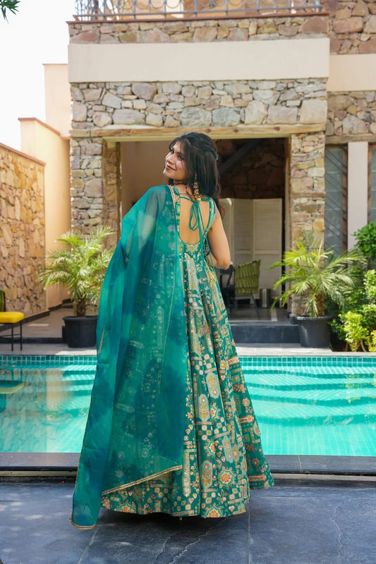 Teal Green Printed Gown with Golden Temple Motifs and Matching Net Dupatta - Mangaldeep NX