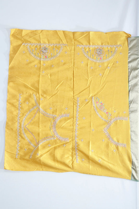 Teal Green Saree with Contrast Beige Blouse and Floral Work - Mangaldeep NX