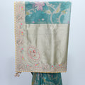 Teal Green Saree with Contrast Beige Blouse and Floral Work - Mangaldeep NX