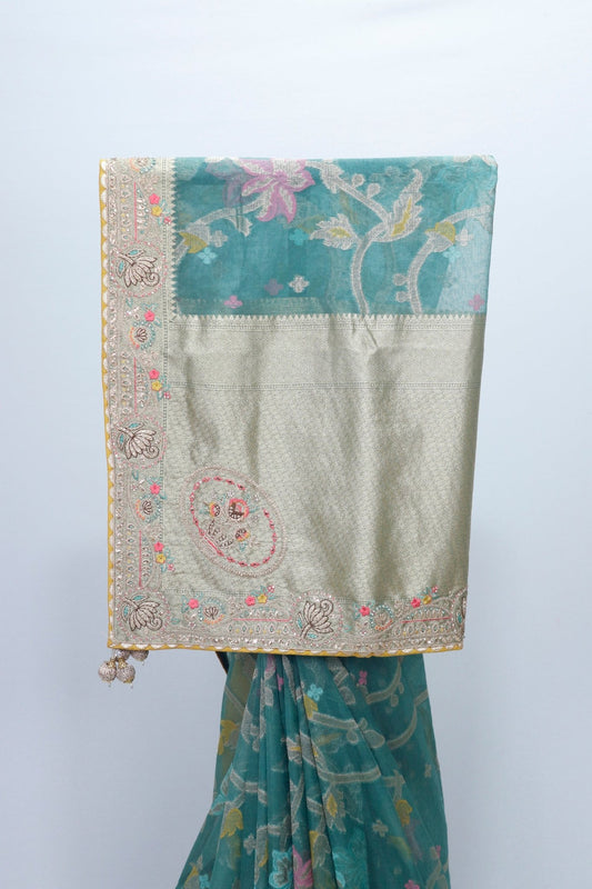 Teal Green Saree with Contrast Beige Blouse and Floral Work - Mangaldeep NX