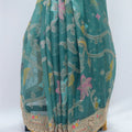 Teal Green Saree with Contrast Beige Blouse and Floral Work - Mangaldeep NX