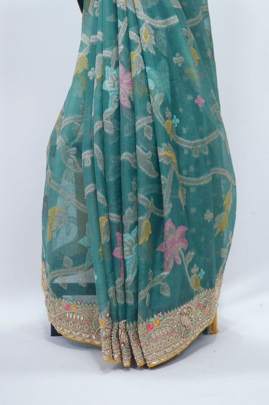 Teal Green Saree with Contrast Beige Blouse and Floral Work - Mangaldeep NX