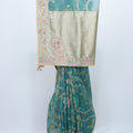 Teal Green Saree with Contrast Beige Blouse and Floral Work - Mangaldeep NX