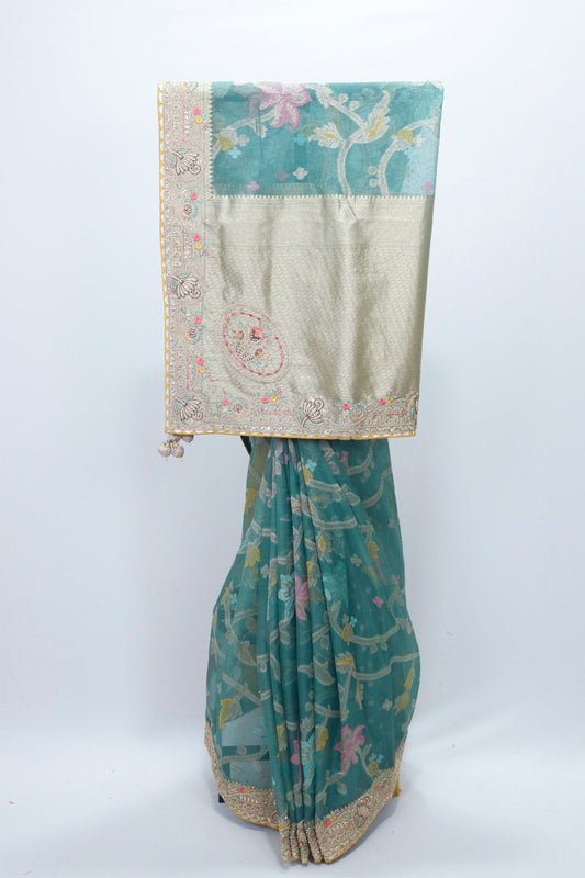 Teal Green Saree with Contrast Beige Blouse and Floral Work - Mangaldeep NX